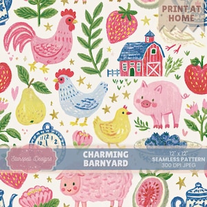 Padrão encantador de fazenda sem costura | Papel digital com animais de fazenda divertidos, estampa campestre de galinhas e porcos para artesanato infantil