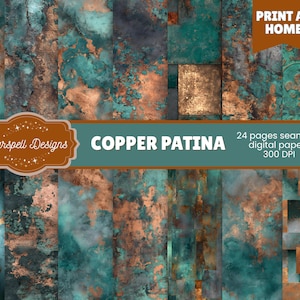 Peut inclure: Ensemble de papiers numériques sans couture avec un motif de patine de cuivre. L'image présente 24 papiers numériques avec des textures de cuivre et de turquoise. Le texte indique "Copper Patina" et "Print at Home".