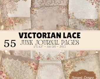 Strony dziennika z wiktoriańskimi koronkowymi śmieciami – 55 romantycznych papierów do druku, tła z koronkowymi motywami kwiatowymi w stylu vintage i strony dziennika w stylu shabby chic