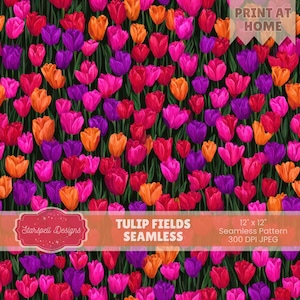 Tulip Fields Seamless Pattern, Vibrant Pink, Red & Purple Tulips Digital Paper for Fabric, Scrapbooking, Spring Designs, Floral Tiles, DIY
