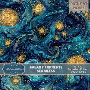 Galaxy Currents Seamless Pattern | Starry Night Swirl, Cosmic Marble Waves, Celestial Gold & Teal Digital Paper 12x12 JPG