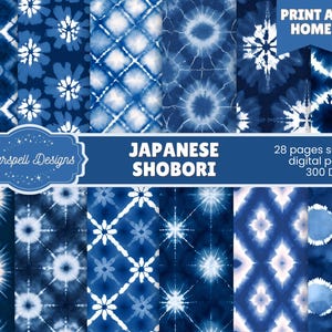 May include: A collection of digitally created Japanese shibori patterns in shades of blue and white. The designs include various geometric and floral motifs. The image includes the text "Print at Home" and "Japanese Shibori".