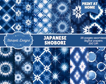 Japanese Shibori Digital Papers, Indigo Tie-Dye (28 Seamless Patterns)