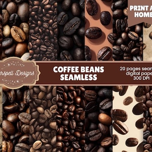May include: A digital paper set featuring various seamless patterns of coffee beans in shades of brown. The image includes the text "COFFEE BEANS SEAMLESS" and "PRINT AT HOME". The set includes 20 pages at 300 DPI.
