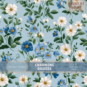Pode incluir: Um padrão floral com margaridas brancas e azuis com centros amarelos e folhas verdes sobre um fundo azul claro. O design inclui o texto "Charming Daisies" e "Print at Home". A imagem tem 30,48 cm x 30,48 cm e 300 DPI.