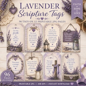 May include: A collection of 96 printable lavender scripture tags on 12 pages. Each tag features purple lavender illustrations, religious text, and heart motifs. The designs include lanterns, crosses, and baskets, with the text Faith Hope Love.