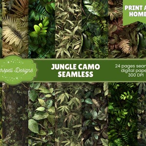 Może przedstawiać: Kolaż bezszwowych wzorów kamuflażu dżungli z różnymi odcieniami zieleni i brązowych liści. Obraz zawiera tekst "JUNGLE CAMO SEAMLESS" i "PRINT AT HOME". Projekt opisany jest jako 24 strony bezszwowych papierów cyfrowych w rozdzielczości 300 DPI.