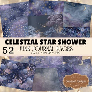 Peut inclure: Un ensemble de 52 pages de journal créatif numérique intitulées CELESTIAL STAR SHOWER, mesurant 27,94 cm par 21,59 cm. Les motifs présentent des ciels nocturnes bleu foncé et violets avec des étoiles dorées, des croissants de lune et des fleurs.
