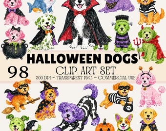 Halloween Dog Clip Art Bundle, Cute Halloween Puppy PNG, Whimsical Costume Dogs, Transparent PNG Clipart, 98 Images, 300 DPI