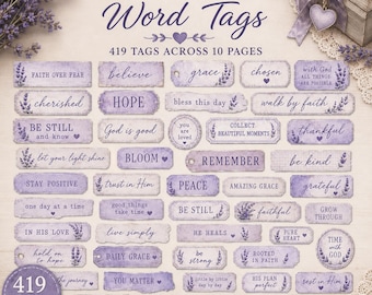 Lavender Word Tags Printable, 419 Faith & Positive Phrase Tags, Purple Junk Journal Ephemera, Christian Words, Cottagecore Journal Tags