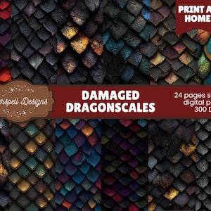 Puede incluir: Conjunto de papel digital con patrones de escamas de dragón en rojo, negro, dorado y verde azulado. La imagen incluye el texto "Damaged Dragonscales" y "Print at Home".