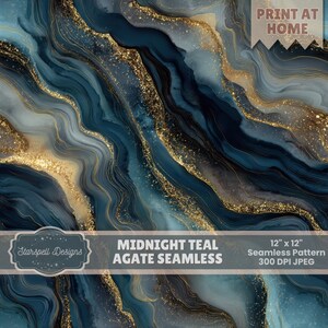 Puede incluir: Un patrón sin costuras con un diseño de ágata azul medianoche. El diseño presenta formas abstractas fluidas en tonos de azul verdoso, marino y dorado. Se muestra el texto "Midnight Teal Agate Seamless". El patrón mide 30,48 cm x 30,48 cm.
