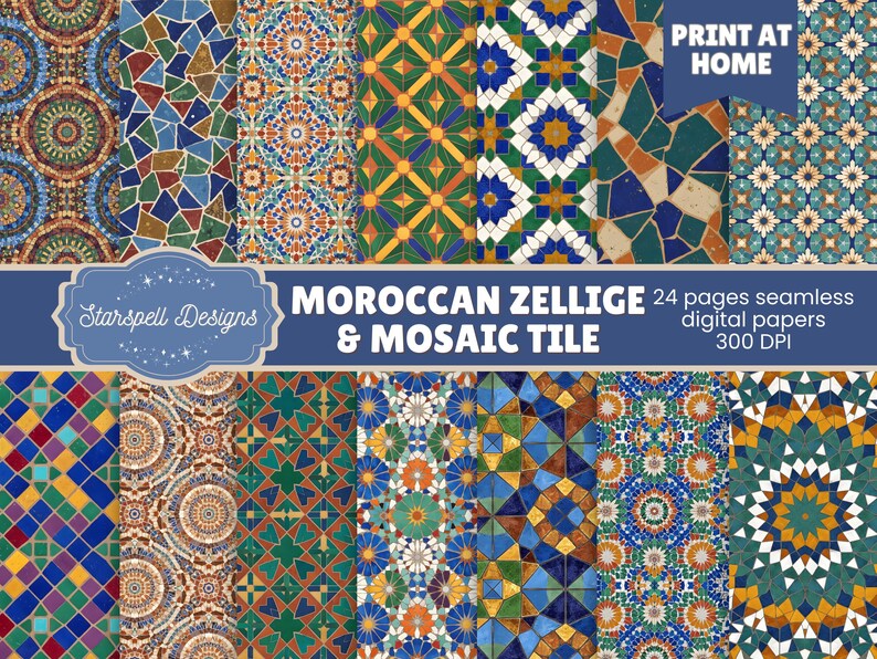 Moroccan Zellige Tile Patterns: 24 Colorful Seamless Pattern Digital ...