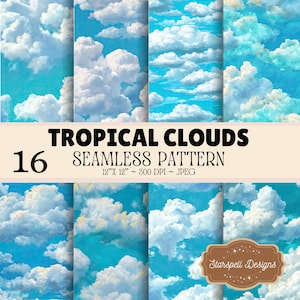 Pode incluir: Uma coleção digital de 16 padrões sem costura com nuvens brancas fofas contra um céu turquesa brilhante. O texto TROPICAL CLOUDS 16 SEAMLESS PATTERN 12"X 12" ~ 300 DPI ~ JPEG é exibido em uma faixa bege com o logotipo Starspell Designs.