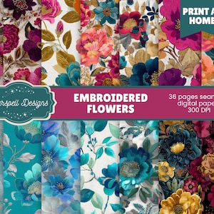 Pode incluir: Impressão de arte digital com padrões florais contínuos. Os desenhos apresentam flores bordadas em tons de rosa, verde-azulado e dourado. O texto diz "Embroidered Flowers" e "36 páginas de papéis digitais contínuos 300 DPI."