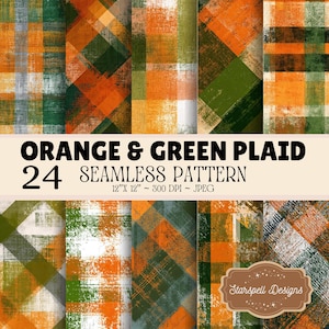 Könnte beinhalten: Eine digitale Sammlung von 24 nahtlosen Schottenmustern in Orange und Grün mit einer abgenutzten Textur. Das Bild enthält den Text ORANGE & GREEN PLAID 24 SEAMLESS PATTERN 12"X 12" ~ 300 DPI ~ JPEG und ein Starspell Designs Logo-Abzeichen.