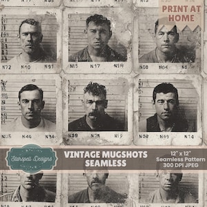 Vintage Mugshots Seamless Pattern | Antique Criminal Portrait Collage, Grunge Sepia Photo Texture, Historical Ephemera Digital Paper