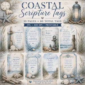 May include: A digital collection of Coastal Scripture Tags featuring 10 pages and 80 total tags. Each tag displays blue text with religious verses, coastal imagery like anchors, seashells, and starfish, and a rustic, weathered wood background.