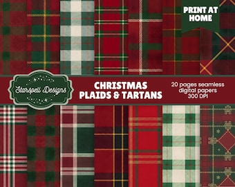 Christmas digital papers commercial use | 20 seamless plaid tartan 300dpi print-ready backgrounds scrapbooks cards invites POD sellers