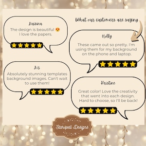 The image is a collage of four customer reviews for a design service, specifically Starspel Designs. The reviews express positive feedback about the design, with customers liking the beautiful design and the creative use of the background images. The reviews also mention that the designs are easy to use and that the creativity in each design is impressive.