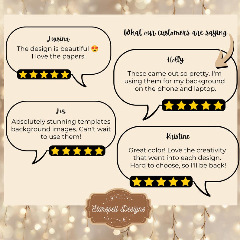 The image is a collage of four customer reviews for a design service, specifically Starspel Designs. The reviews express positive feedback about the design, with customers liking the beautiful design and the creative use of the background images. The reviews also mention that the designs are easy to use and that the creativity in each design is impressive.
