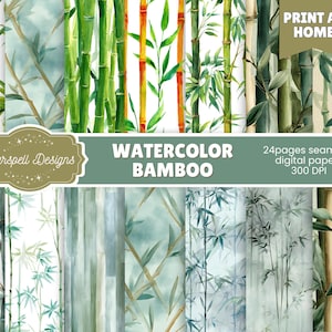 Könnte beinhalten: Aquarell-Bambus-Digitalpapiere in verschiedenen Grün-, Braun- und Weißtönen. Das Bild zeigt mehrere nahtlose Designs mit Bambusstängeln und Blättern. Der Text enthält "Watercolor Bamboo", "24 pages seamless digital papers 300 DPI" und "Print at Home".