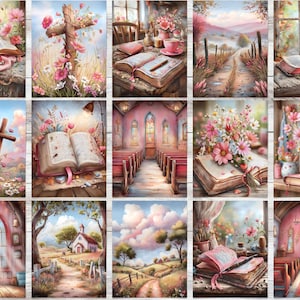 Op de afbeelding: Een verzameling aquarelschilderijen met religieuze thema's. De afbeeldingen tonen open boeken, kruisen, kerken en landschappen, allemaal versierd met bloemen in zachte roze en pastelkleuren. De stijl is zacht en uitnodigend.