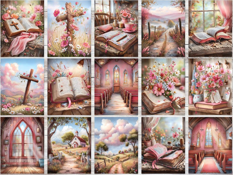Op de afbeelding: Een verzameling aquarelschilderijen met religieuze thema's. De afbeeldingen tonen open boeken, kruisen, kerken en landschappen, allemaal versierd met bloemen in zachte roze en pastelkleuren. De stijl is zacht en uitnodigend.