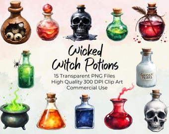Wicked Witch Potions Clipart | Dark Magic PNG Graphics for Scrapbooking, Stickers, Invitations & Halloween Crafts