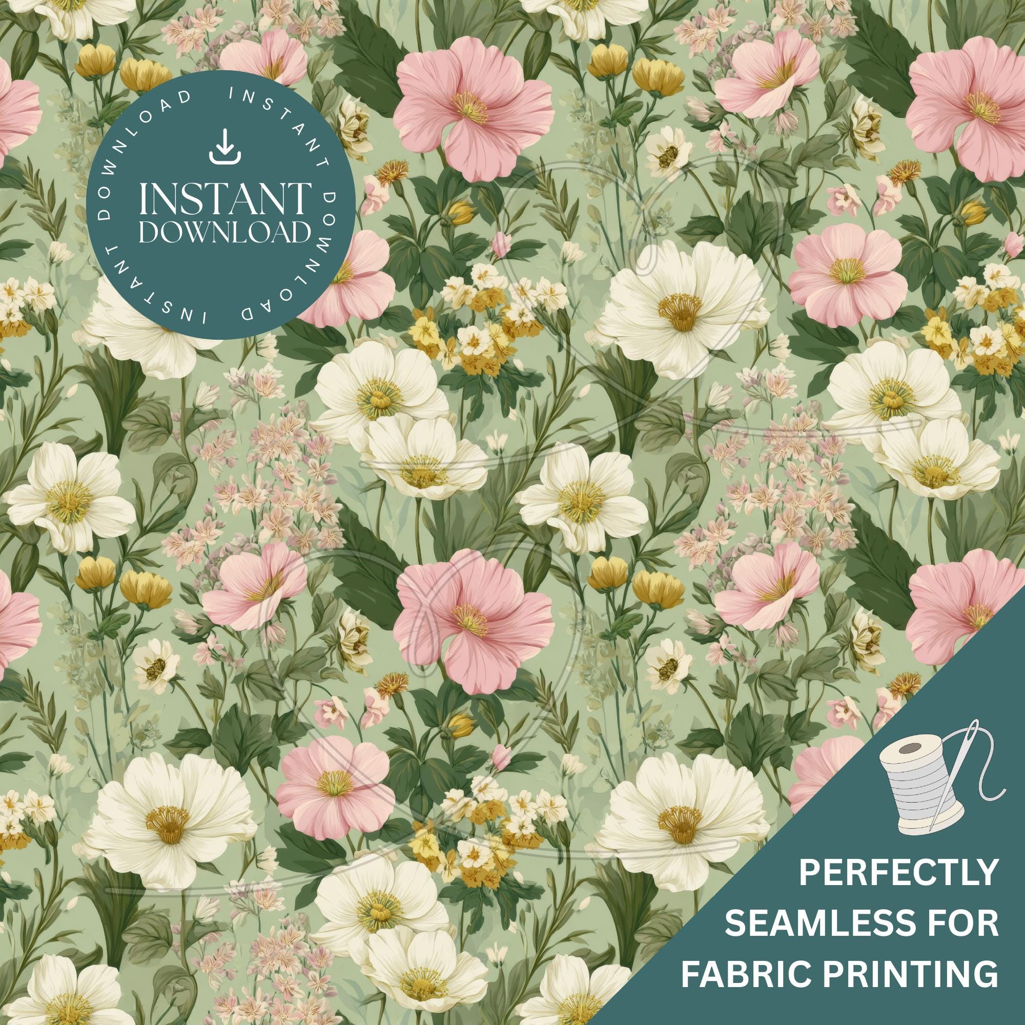Sage Green Garden Seamless Pattern | Botanical Floral Digital Paper for ...