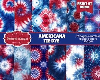 Americana Tie Dye Seamless Patterns | Red White & Blue Spiral Digital Papers Scrapbooking, Crafts, 4th of July, Patriotic, Memorial Day