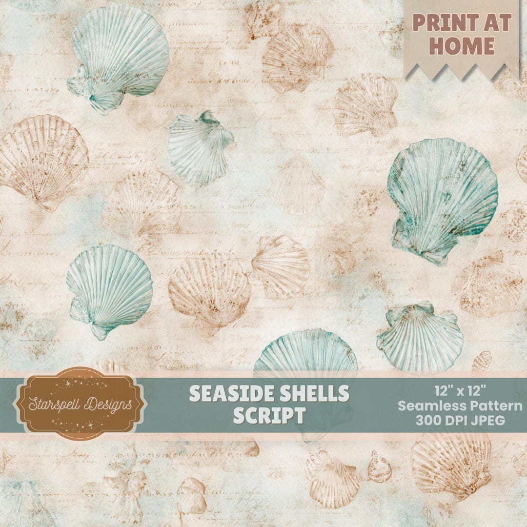 Seaside Shells Script Seamless Pattern | Vintage Coastal Digital Paper ...