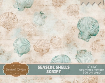 Seaside Shells Script Seamless Pattern | Vintage Coastal Digital Paper, Aqua Seashells on Antique Script Background