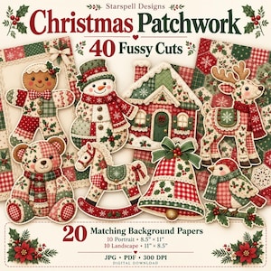 以下が含まれることがあります： 「Christmas Patchwork」と題されたデジタルコレクション。ジンジャーブレッドマン、雪だるま、家、トナカイ、クマ、木馬、ベル、鳥などのクリスマスキャラクターの切り抜き40点と、21.59 x 27.94 cmの背景紙20点が収録されています。