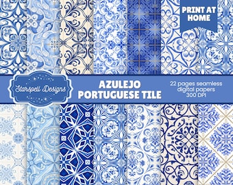 Azulejo Portuguese Tile Seamless Patterns | 22 Blue and White Ceramic Digital Papers for Scrapbooking, Crafts, Sublimation, Home Decor