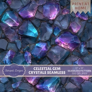 Patrón sin costuras de cristales de gemas celestiales / Papel digital con textura de cristal azul púrpura iridiscente, fondo de gemas de fantasía
