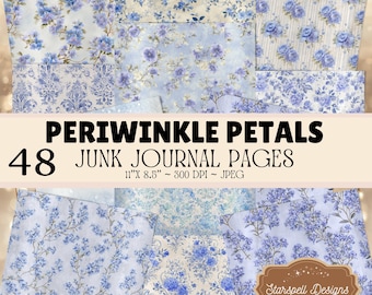 Periwinkle Petals Junk Journal Pages – 48 Printable Soft Blue Floral Backgrounds, Vintage Shabby Chic Paper Pack