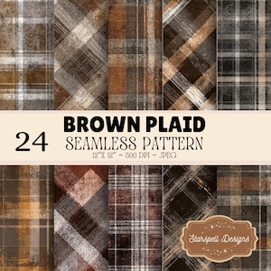 Motivi a quadri marroni senza soluzione di continuità / 24 carte digitali rustiche in stile grunge per scrapbooking, diari e accoglienti creazioni autunnali