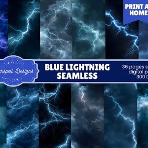 May include: A collection of digital papers featuring blue lightning patterns against a dark background. The image includes the text "Blue Lightning Seamless" and "Print at Home". The papers are 300 DPI and include 36 pages.