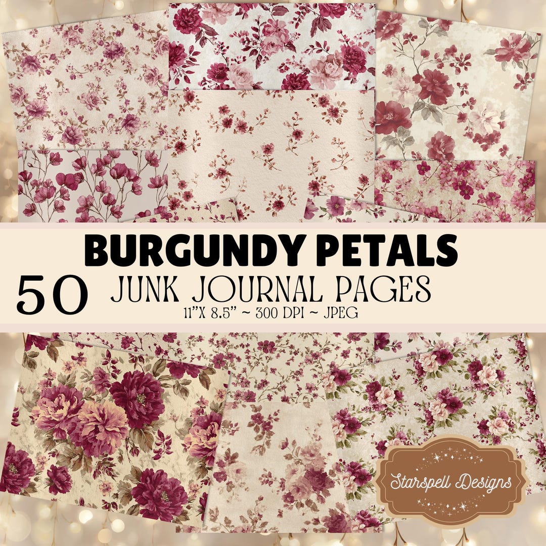 Burgundy Petals Junk Journal Pages – Printable Floral Backgrounds, Deep ...