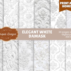 May include: A collection of white damask digital papers with various embossed floral and scroll patterns. The image includes the text "Elegant White Damask" and "Print at Home". The papers are 300 DPI and include 24 seamless digital pages.