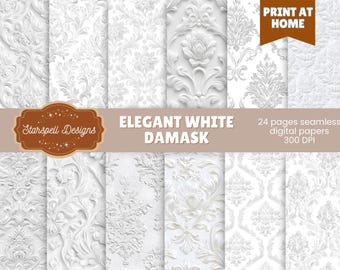 Könnte beinhalten: Eine Sammlung weißer Damast-Digitalpapiere mit verschiedenen geprägten Blumen- und Scrollmustern. Das Bild enthält den Text "Elegant White Damask" und "Print at Home". Die Papiere sind 300 DPI und umfassen 24 nahtlose digitale Seiten.