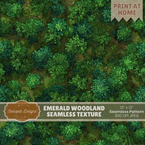 Pode incluir: Uma vista aérea de uma densa floresta verde esmeralda. A textura contínua apresenta uma variedade de formas de árvores e tons de verde. A imagem inclui o texto "Emerald Woodland Seamless Texture" e "Print at Home". O padrão é de 30,48 cm x 30,48 cm.