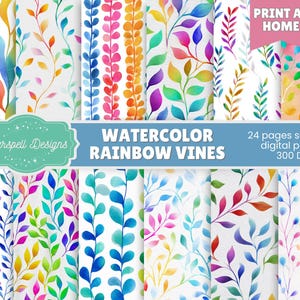 May include: A selection of digital papers with watercolour rainbow vine designs. The papers showcase a spectrum of colours, such as red, orange, yellow, green, blue, and purple. The image includes the text "Watercolor Rainbow Vines" and "Print at Home."