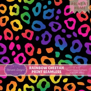 May include: A seamless pattern featuring a rainbow cheetah print on a black background. The design includes vibrant spots in various colors, including pink, orange, yellow, green, blue, and purple. The image also includes the text "RAINBOW CHEETAH PRINT SEAMLESS".