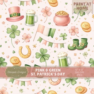 May include: Watercolor illustration with St. Patrick's Day theme. Features a pink top hat, green beer mugs, shamrocks, a pot of gold, an Irish flag, and gold coins. The text "PINK & GREEN ST. PATRICK'S DAY" is included.