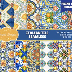 以下が含まれることがあります： イタリアのタイルデザインを特徴とする、24枚のシームレスデジタルペーパーのコレクション。パターンは鮮やかな色と複雑な花柄と幾何学模様を示しています。画像には「Italian Tile Seamless」と「Print at Home」というテキストが含まれています。
