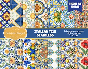 Italienische Fliesen Digitales Papier, 24 nahtlose mediterranen Muster für Scrapbooking, Junk Journals, Handwerk, bedruckbare Hintergründe, kommerzielles OK