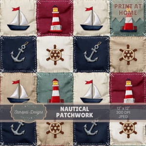 Könnte beinhalten: Nautisches Patchwork-Design mit Quadraten, die Segelboote, Leuchttürme, Anker und Steuerräder zeigen. Die Quadrate sind in Rot, Marineblau, Beige und Grün gehalten. Der Text enthält "Nautical Patchwork" und "Print at Home".