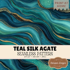 Könnte beinhalten: Ein digitales nahtloses Muster mit wirbelnden blaugrünen und dunkelblauen Achat-Texturen mit goldenen Glitzerakzenten. Das Bild enthält den Text PRINT AT HOME, TEAL SILK AGATE SEAMLESS PATTERN, 30,48 cm x 30,48 cm ~ 300 DPI ~ JPEG und Starspell Designs.